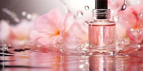 Pastel pink hyaluronic serum dropper background with elegant water splash effect. Concept Beauty Photography, Skincare Products, Hyaluronic Acid Serum, Water Splash Photography, Pink Aesthetic photo