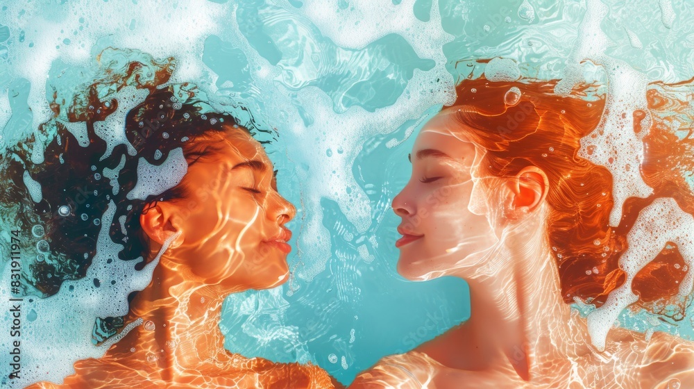 Young LGBT couple stand side by side immersed underwater