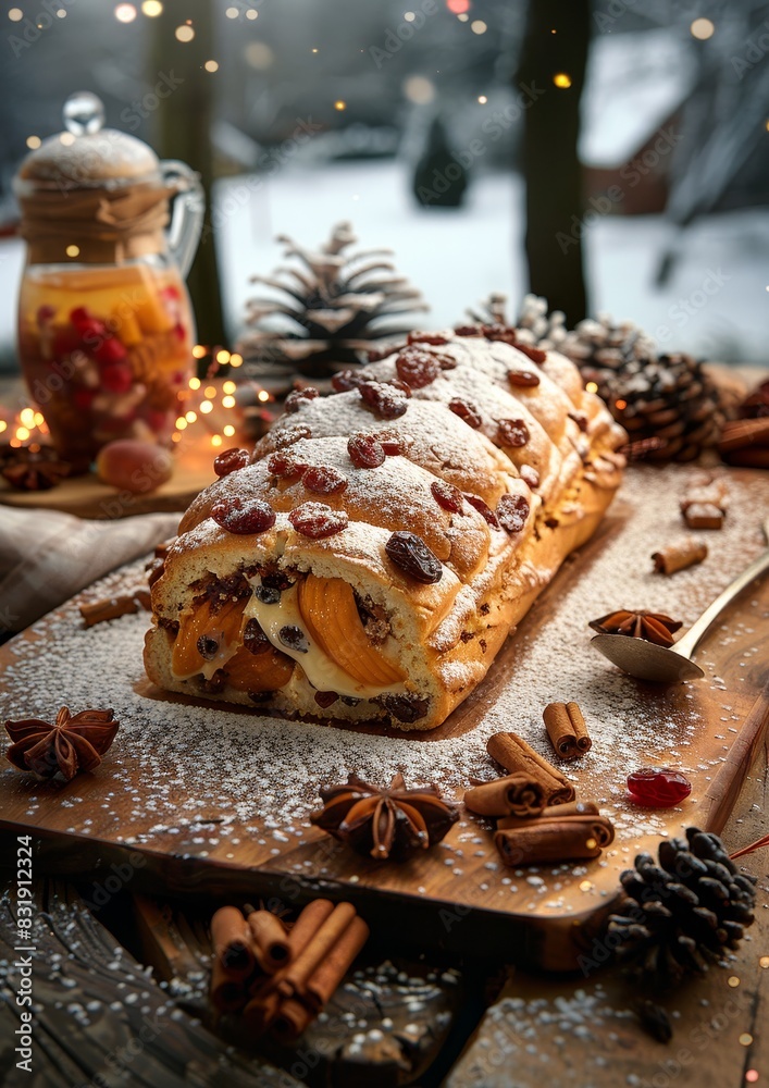 Stollen - Fruit bread with marzipan, powdered sugar, and dried fruits. Stollen - Fruit bread with marzipan, powdered sugar, and dried fruits.