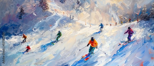 Vivid painting of skiers descending a snowy mountain slope, capturing the dynamic movement and colorful activity of a winter sports scene. photo