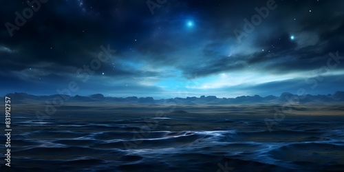 Cosmic Blue Laser Lights Illuminating an Abstract Dark Energy Field Under Stormy Skies. Concept Abstract Art, Cosmic Energy, Laser Lights, Dark Field, Stormy Skies