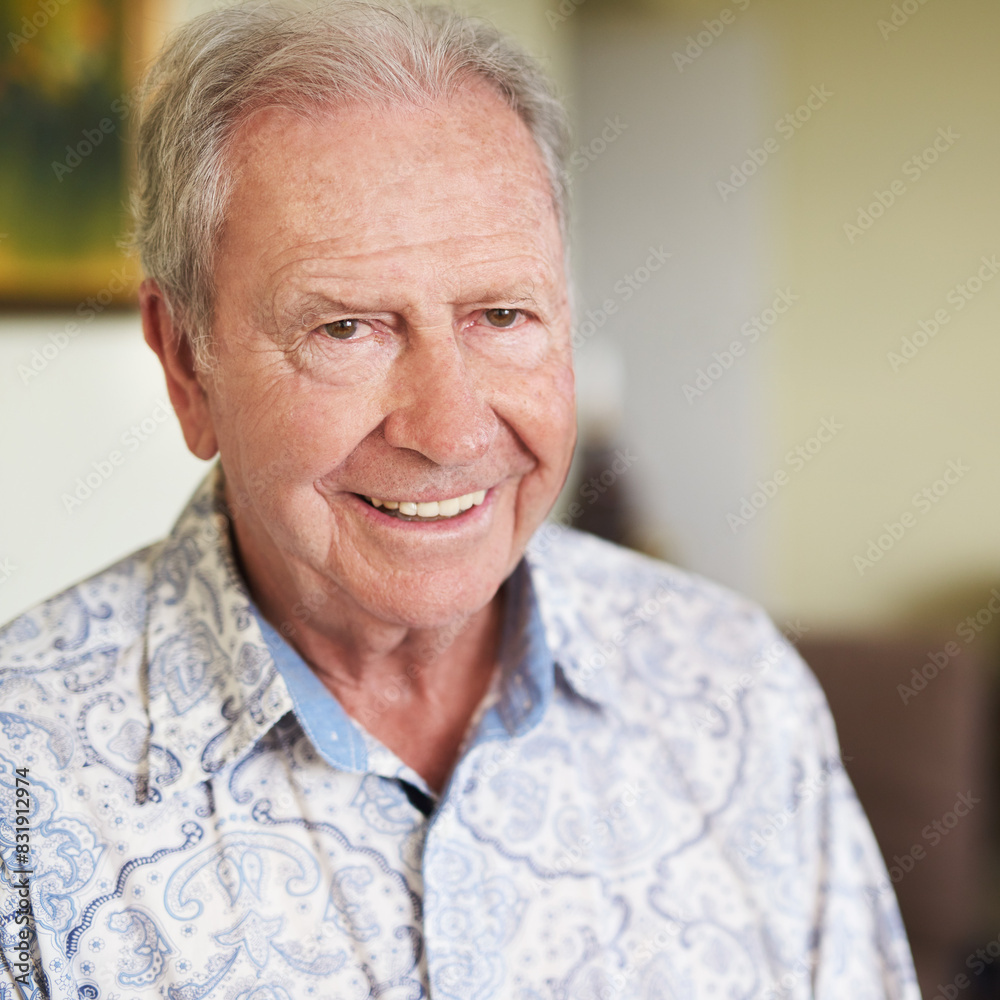 Senior, man and portrait at nursing home with pension, smile and confidence in living room. Retirement, face and relax in house happy with wellness with comfort and break with joy and elderly guy Senior, man and portrait at nursing home with pension, smile and confidence in living room. Retirement, face and relax in house happy with wellness with comfort and break with joy and elderly guy