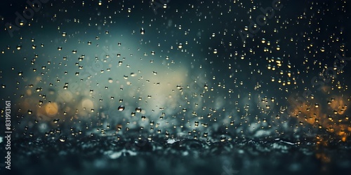 Rainfall on dark background with descending water in damp conditions. Concept Rainfall, Dark Background, Descending Water, Damp Conditions photo
