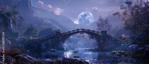 Craft an otherworldly bridge made of shimmering crystal  soaring over a moonlit river  accentuating its transparency amidst the enchanting night landscape