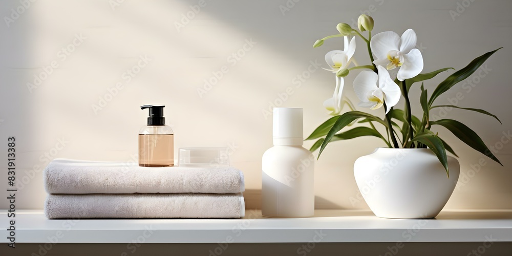 White bathroom products displayed on wall shelf at an angle. Concept Bathroom Decor, White Products, Wall Shelf, Displayed at Angle