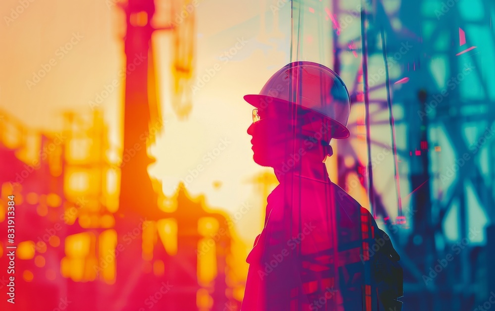Industrial safety inspections close up, focus on, copy space, vibrant colors, Double exposure silhouette with inspection tools