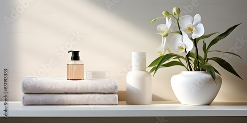 White bathroom products displayed on wall shelf at an angle. Concept Bathroom Decor, White Products, Wall Shelf, Displayed at Angle © Anastasiia