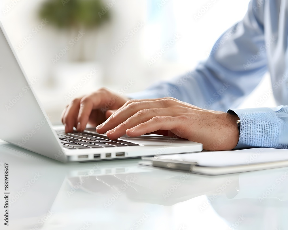 A closeup of hands typing on an open laptop A closeup of hands typing on an open laptop