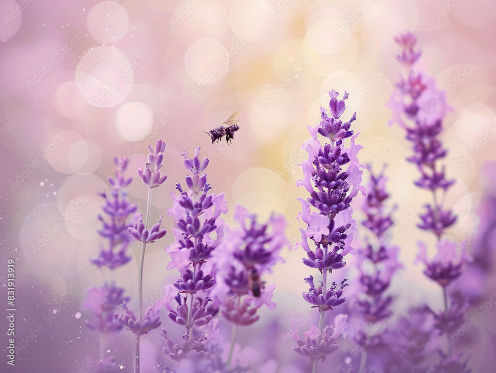 a bee flying over purple flowers a bee flying over purple flowers