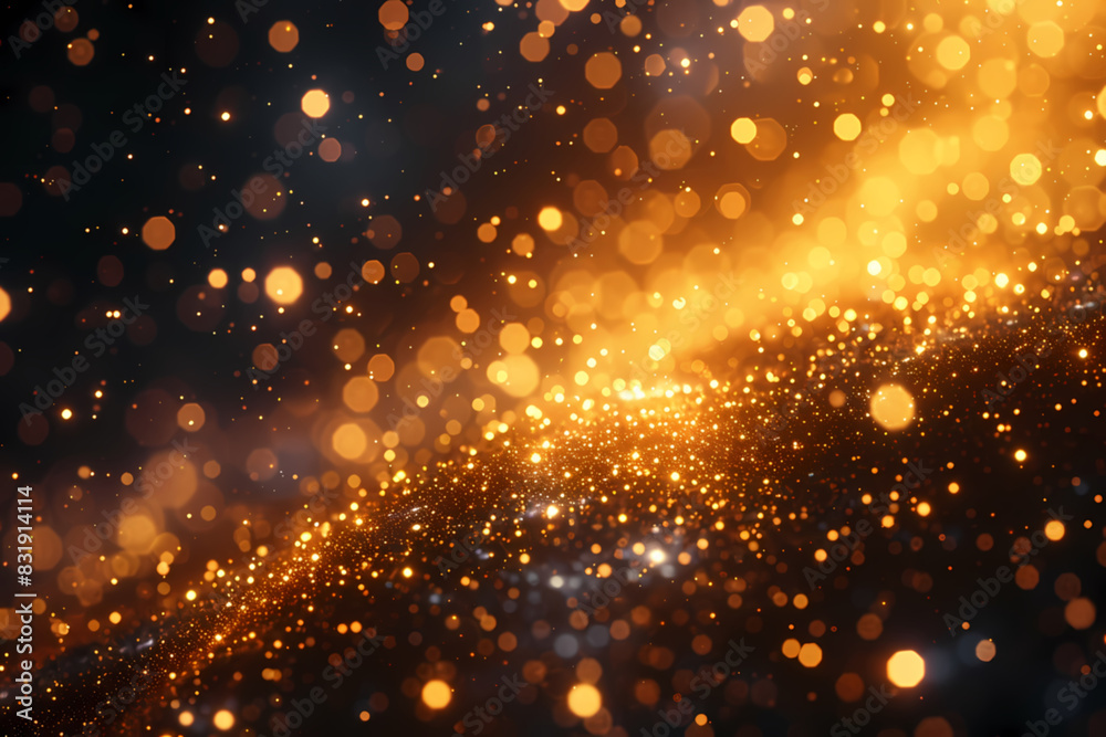 Fototapeta premium Blurred glitter bokeh bombs, gold glitter defocused abstract Twinkly Lights grunge Background.