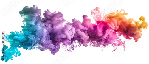Vibrant swirling cloud of colorful ink in water, blending hues of purple, blue, pink, and orange. Abstract art background on white.
