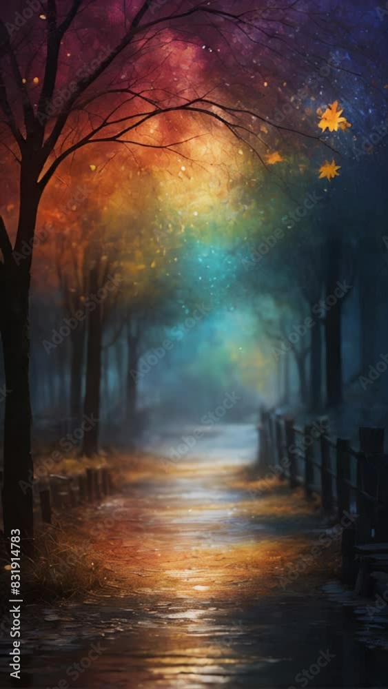 watercolor painting of a park path at night with vibrant autumn colors, street lamps. watercolor painting of a park path at night with vibrant autumn colors, street lamps.
