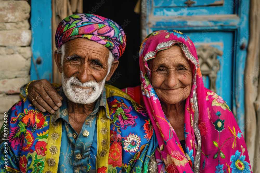 Colorful Elderly Couple Portrait., Eid feast, Islamic celebration, Family feast.