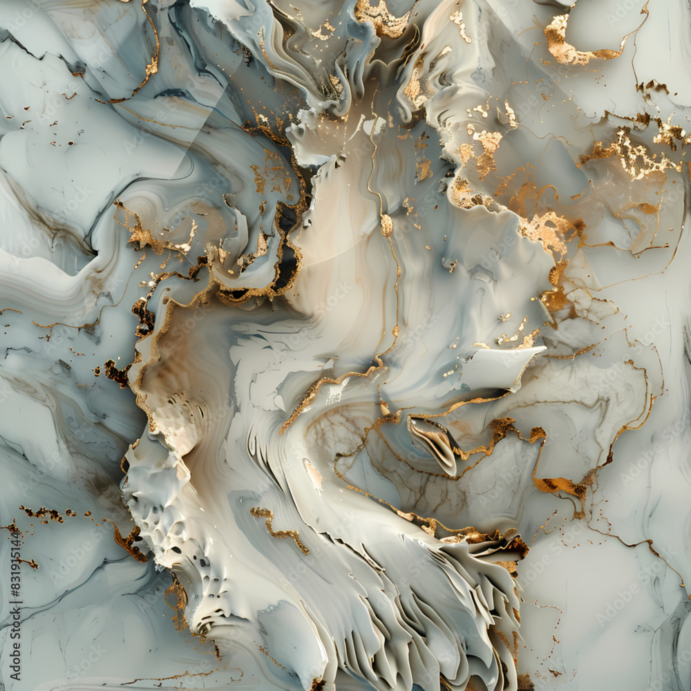 Streams of translucent hues, serpentine metallic gold swirls and foamy splashes of colour form a landscape of these free-flowing textures. Marble grey and gold background.