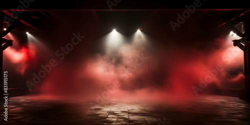 Dramatic Show Backdrop: Red Spotlight on Empty Stage with Smoke. Concept Dramatic Backdrop, Red Spotlight, Empty Stage, Theatrical Setting, Smoke Effects