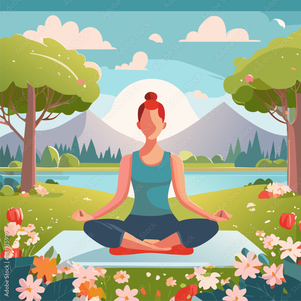 custom made wallpaper toronto digitalWoman doing yoga exercise, meditation in a lotus pose on summer day at nature. Vector illustration a