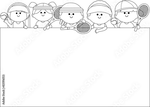 Blank banner background with children tennis players. Girls and boys play tennis. Vector black and white coloring page.