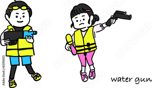 水鉄砲をもって遊ぶ小学生のイラスト素材