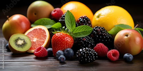 A Variety of Ripe Fruits Packed with Vitamins on a Colorful Healthy Food Background. Concept Healthy Eating, Fruits, Nutrition, Colorful Background, Food Photography