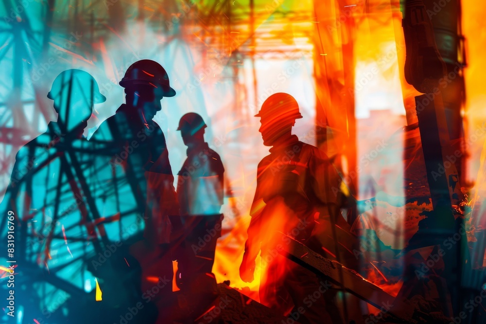 Steel production workers close up, focus on, copy space, vibrant colors, Double exposure silhouette with molten metal