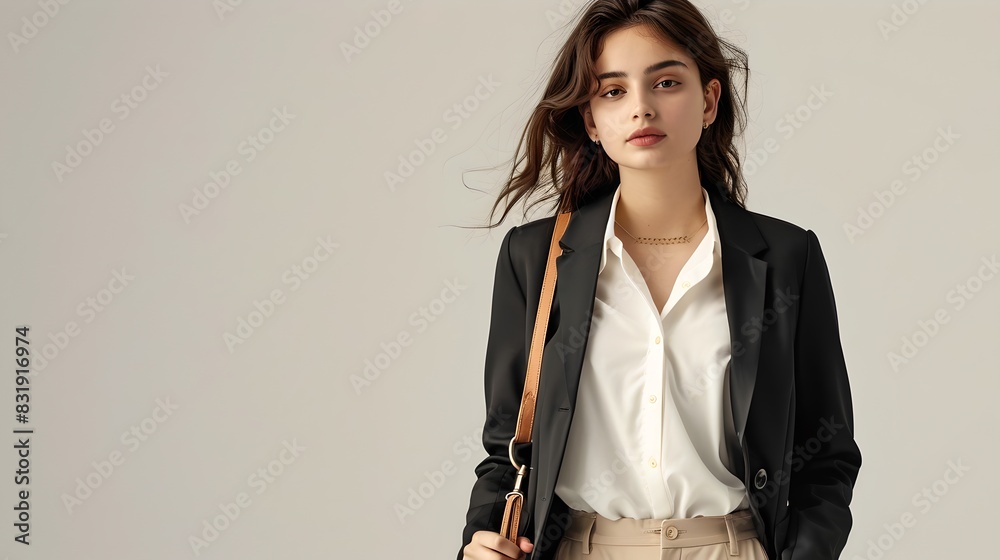 Professional woman wearing a blazer carries a brown bag. Office, business attire and stylish look. Perfect for workplace fashion and elegance concepts. AI Professional woman wearing a blazer carries a brown bag. Office, business attire and stylish look. Perfect for workplace fashion and elegance concepts. AI