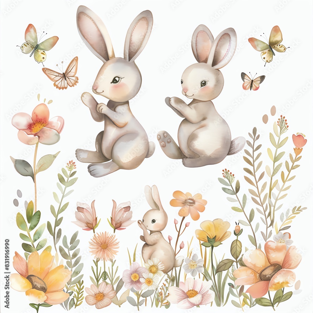 Two rabbits sit in a field of flowers. They are surrounded by butterflies and other small woodland creatures. The rabbits are both very happy and content. Two rabbits sit in a field of flowers. They are surrounded by butterflies and other small woodland creatures. The rabbits are both very happy and content.