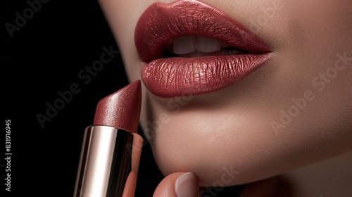 This is a close-up image of a person applying a rose-colored lipstick. The focus is on the lower half of the face, highlighting the lips, nose, and chin. copy space for text.