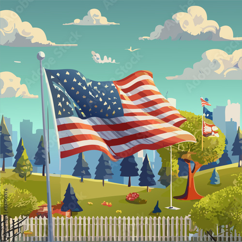 4th of July USA Independence Day. National flag of USA. Summer landcape Vector illustration a