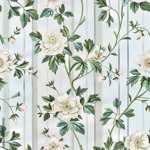 Pattern of stripes and flowers in the style of wallpaper and upholstery fabrics in the 19th century. Repeatable Pattern. photo