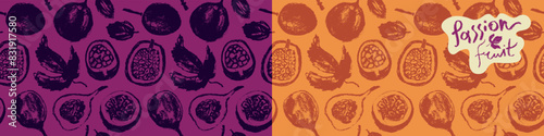 Pattern passion fruit seamless. Hand drawn granadilla illustrations. Exotic fruits ornament. Granadilla background for cosmetics, fruits puree or juice label. Vector fabric tropical fruit banner.