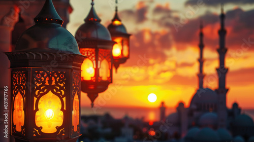 Eid Sunset Mosque Lanterns View, Eid feast, Islamic celebration, Family feast.