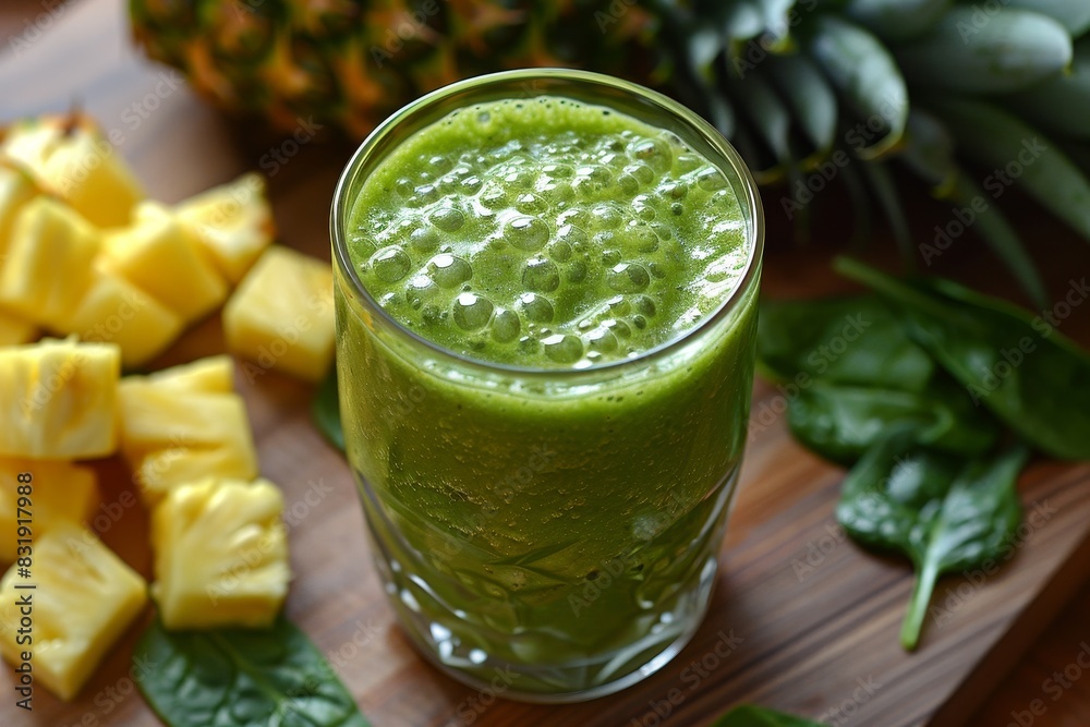 Tropical Green Smoothie - Vibrant green with pineapple and spinach leaves. Tropical Green Smoothie - Vibrant green with pineapple and spinach leaves.