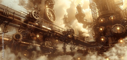 Low-angle view, sprawling manufacturing plant, steampunk aesthetics, massive gears and steam pipes, intricate metalwork, warm sepia tones, detailed and atmospheric, CG 3D render