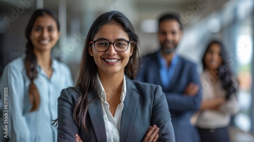 Indian male and female colleagues Business goes hand in hand with the boss. Place the camera over a gray wall in the office.
