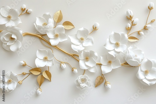 Fototapeta Naklejka Na Ścianę i Meble -  White flowers with golden leaves on white background. White and golden luxury 3d floral background