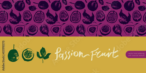 Pattern passion fruit seamless. Hand drawn granadilla illustrations. Exotic fruits ornament. Granadilla background for cosmetics, fruits puree or juice label. Vector fabric tropical fruit banner.