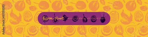 Pattern passion fruit seamless. Hand drawn granadilla illustrations. Exotic fruits ornament. Granadilla background for cosmetics, fruits puree or juice label. Vector fabric tropical fruit banner.