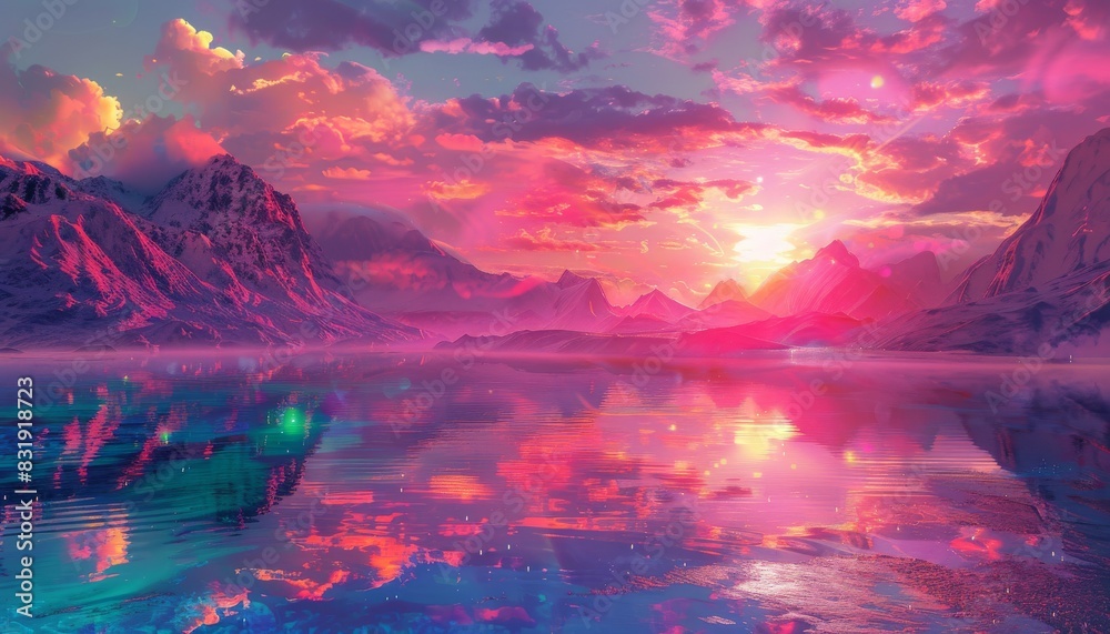 Create a surreal, vibrant sunset over a crystal lake with neon mountains in the background, digitally rendered in photorealistic detail Create a surreal, vibrant sunset over a crystal lake with neon mountains in the background, digitally rendered in photorealistic detail