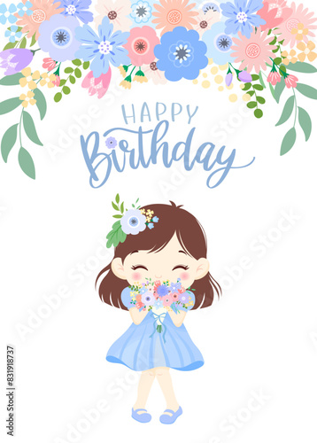 Birthday card design of girl and flowers. Blue color. Vector illustration.