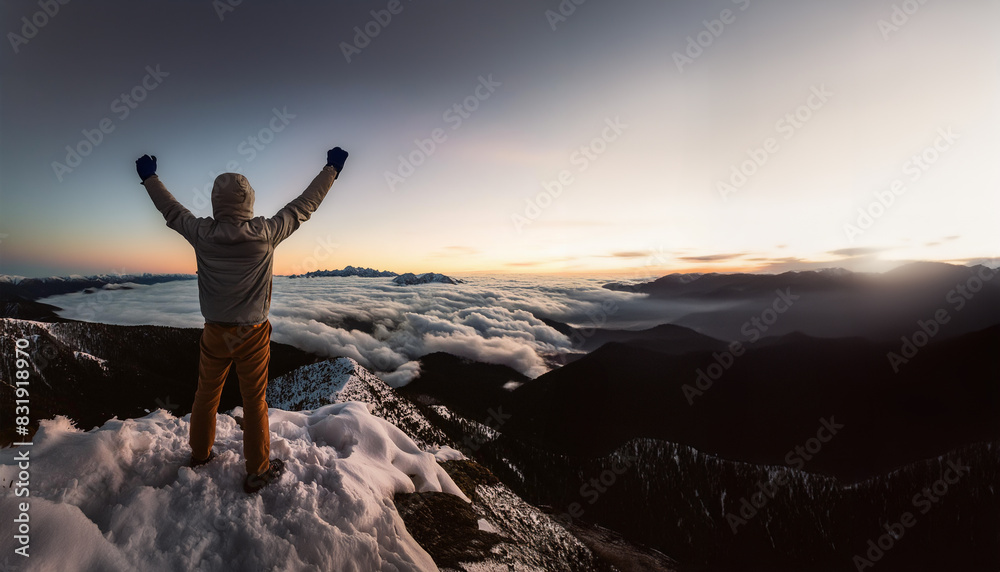 Man on mountain peak, with his arms in the air, celebrating above the clouds. Success, achievement concept. Man on mountain peak, with his arms in the air, celebrating above the clouds. Success, achievement concept.
