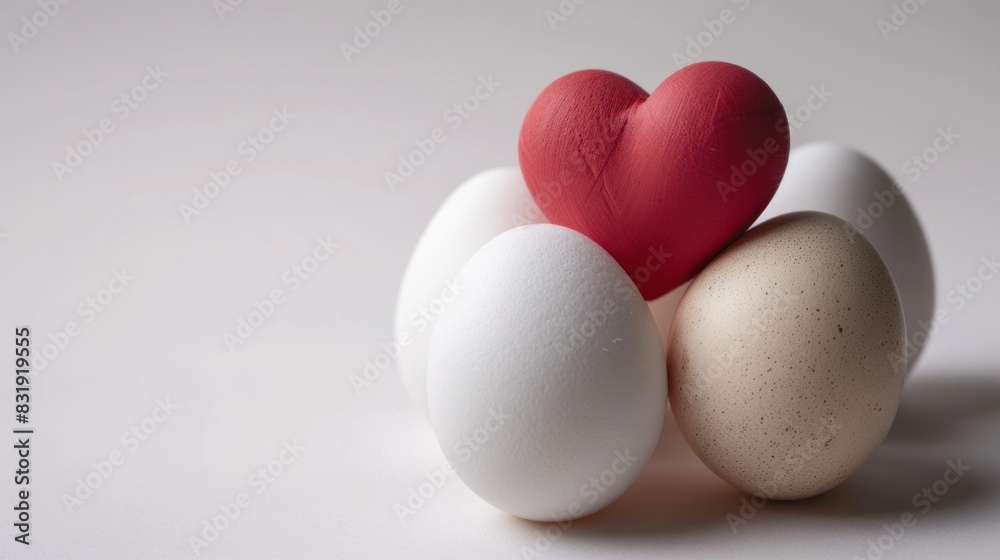 Fototapeta premium The egg with the face of love has red hearts around it.