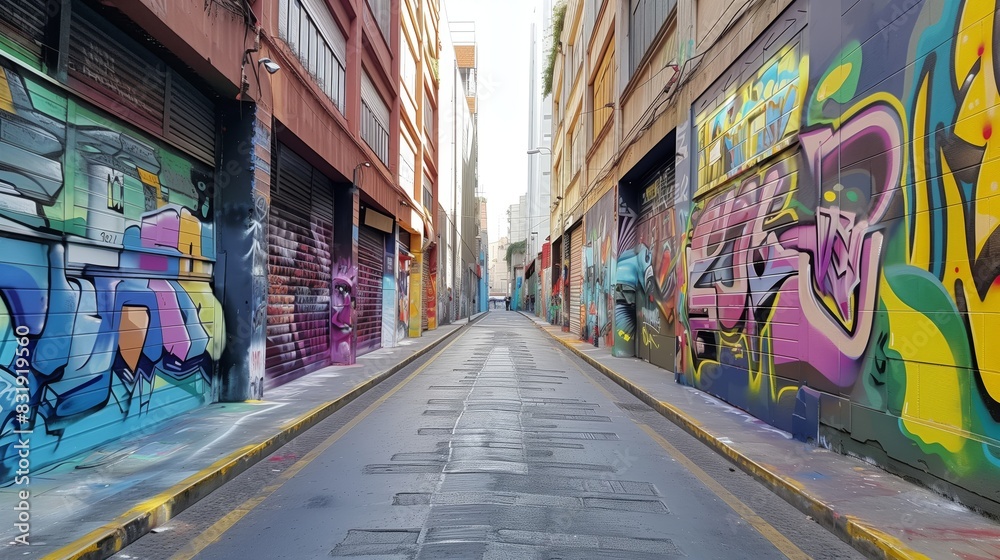 Fototapeta premium A once-deserted street, now vibrant with murals, celebrates creativity and community spirit.