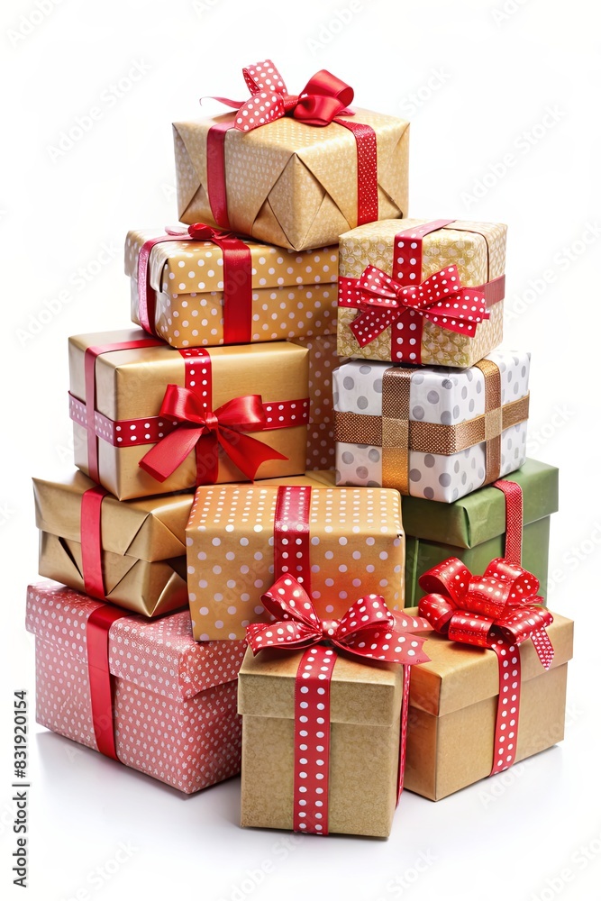 Obraz premium A stack of presents with red bows on them