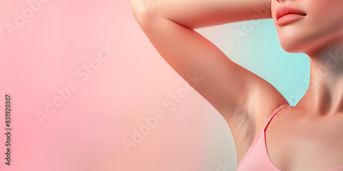 A close-up shot of a well-groomed armpit, with smooth and clean skin, highlighted against a soft pastel background. ample negative space around the armpit area, allowing for text p photo