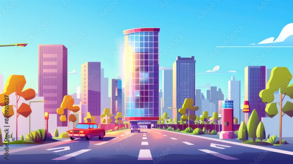 Modern hotel building, skyscraper near street landscape Vector illustration