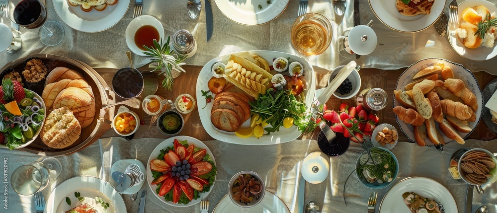Aerial view of a gourmet brunch spread, vibrant colors, elegant plating, photorealistic detail, natural lighting, high-definition quality Aerial view of a gourmet brunch spread, vibrant colors, elegant plating, photorealistic detail, natural lighting, high-definition quality