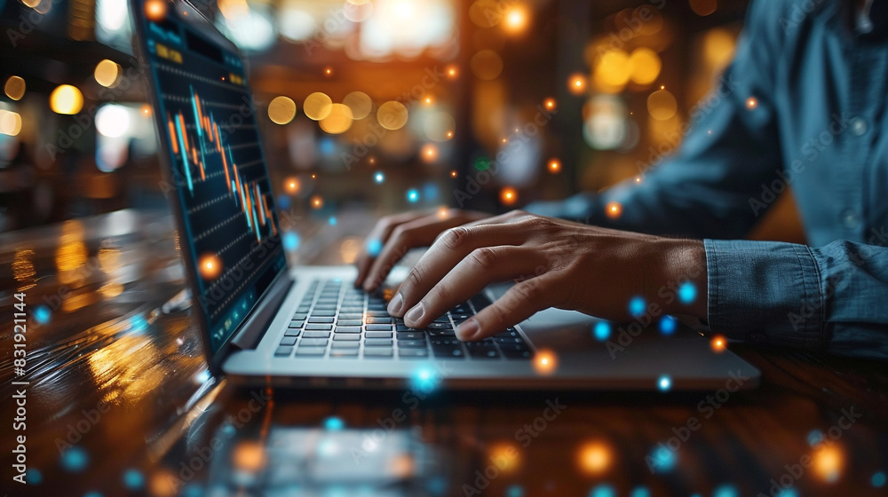 Data analysis to increase sales and revenue. Man sitting with laptop and working with growing graph. Business data analytics concept Data analysis to increase sales and revenue. Man sitting with laptop and working with growing graph. Business data analytics concept