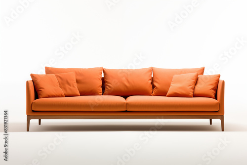 Modern threeseater orange sofa isolated on white background Contemporary couch with wooden legs and orange pillows