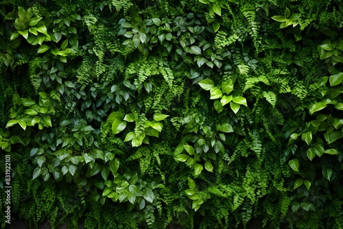 A dense, lush green foliage background with dark and moody lighting. The leaves create an intricate pattern of textures and shapes, creating depth in the visual composition.