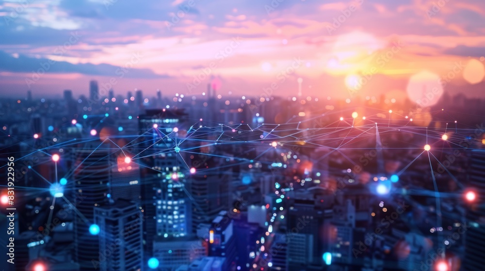 Fototapeta premium Network technology and interconnection covered in the background of the city